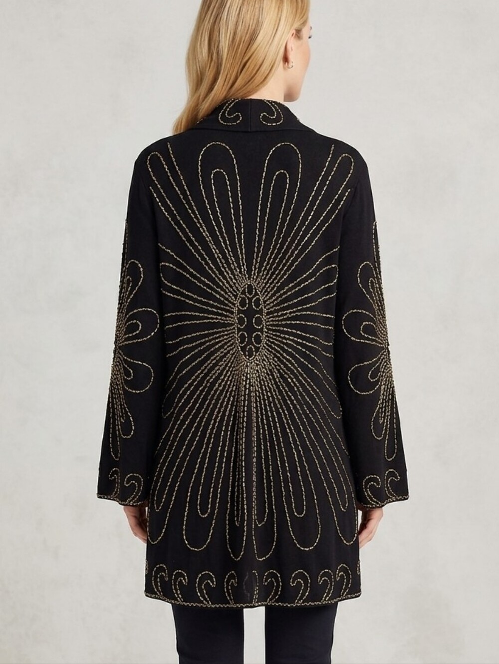 Investments II Brand Black Cardigan with All Over Embroidery Design Of White